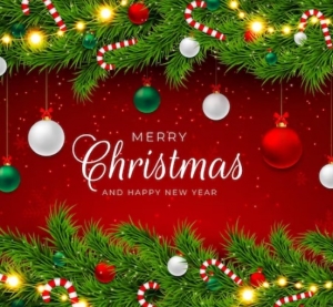 Holiday garland, lights, and ornaments surrounding the message "Merry Christmas"